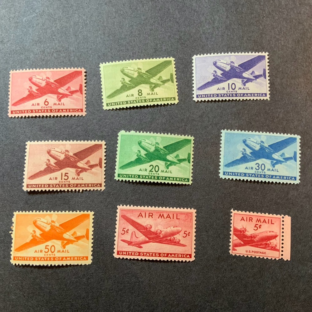 1940s Plane Airmail Stamps Lot 9 count
